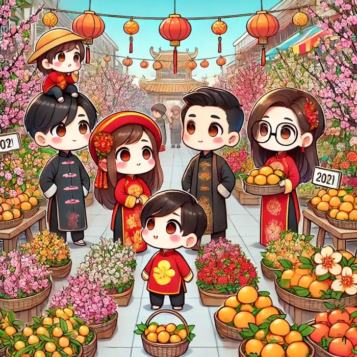 Chụp cùng bé với ảnh gia đình tết chibi xinh xắn